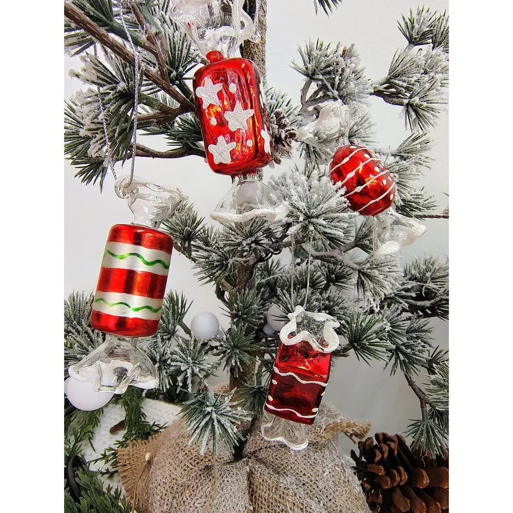 Set of 4 Vintage Glass Candy Ornaments – Red, White & Green Christmas Set